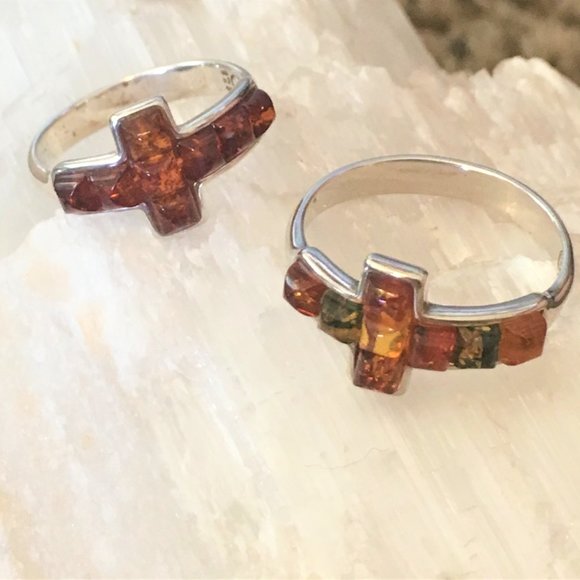 Baltic Amber Multicolor Cross Ring .925 Sterling Silver Genuine Gemstones - Picture 15 of 15